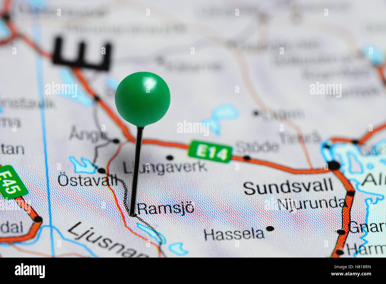 Ramsjo pinned on a map of Sweden Stock Photo