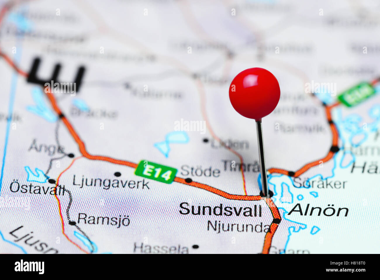Sundsvall pinned on a map of Sweden Stock Photo