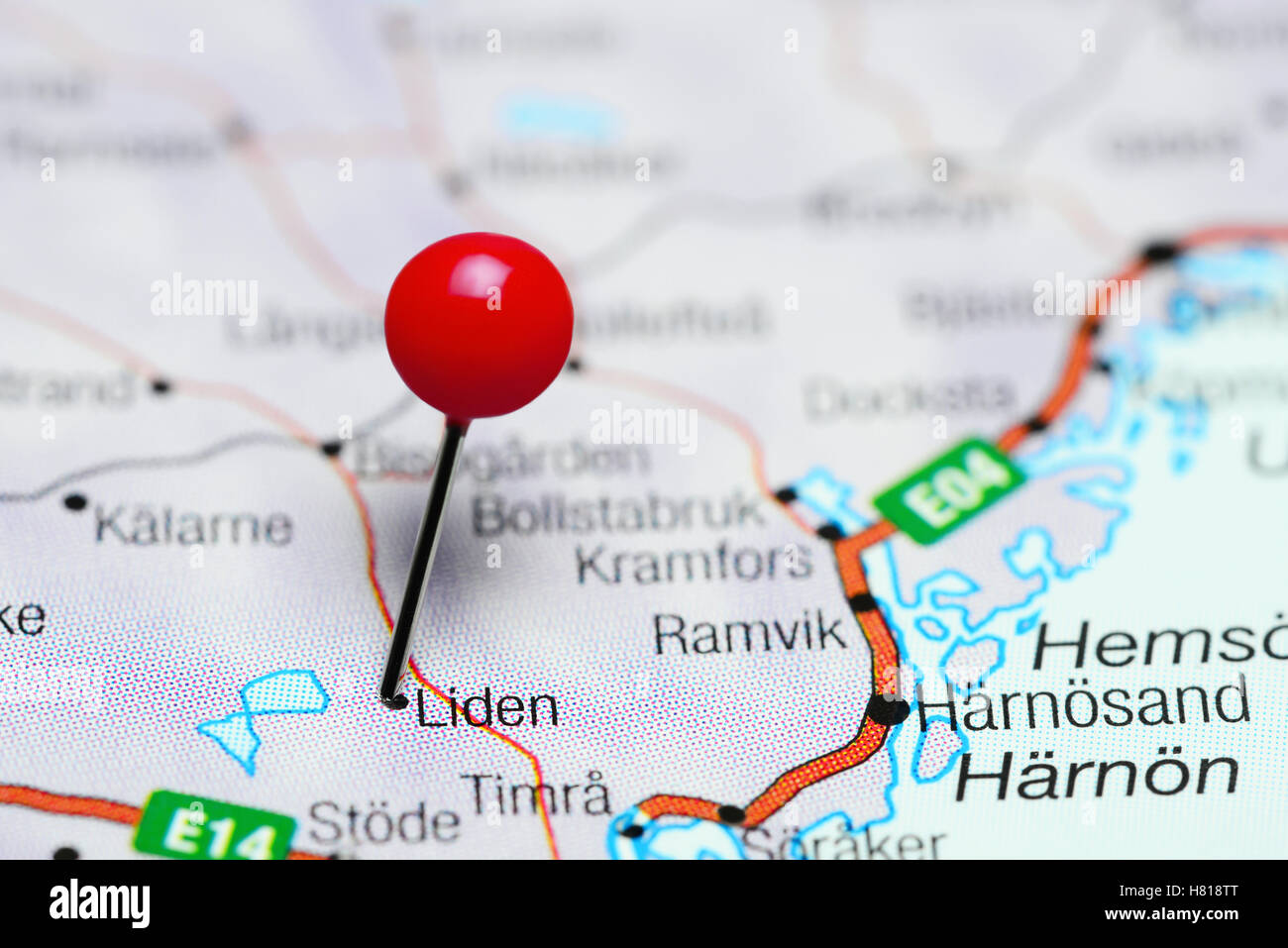 Liden pinned on a map of Sweden Stock Photo