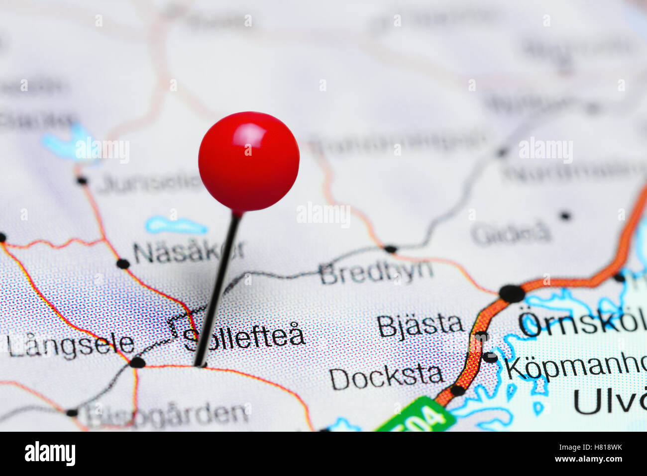 Solleftea pinned on a map of Sweden Stock Photo