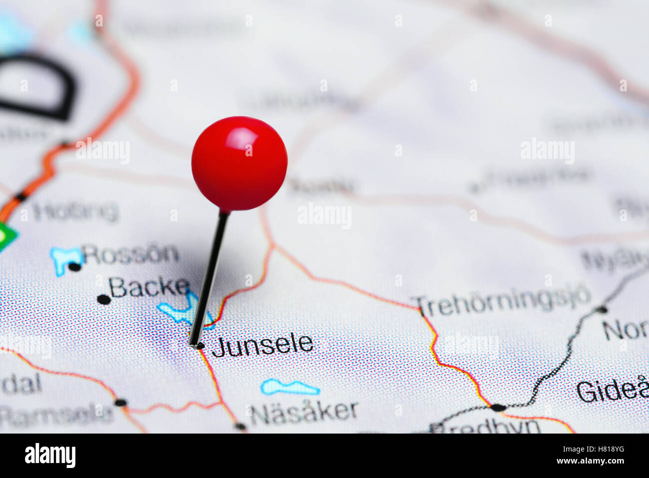 Junsele pinned on a map of Sweden Stock Photo