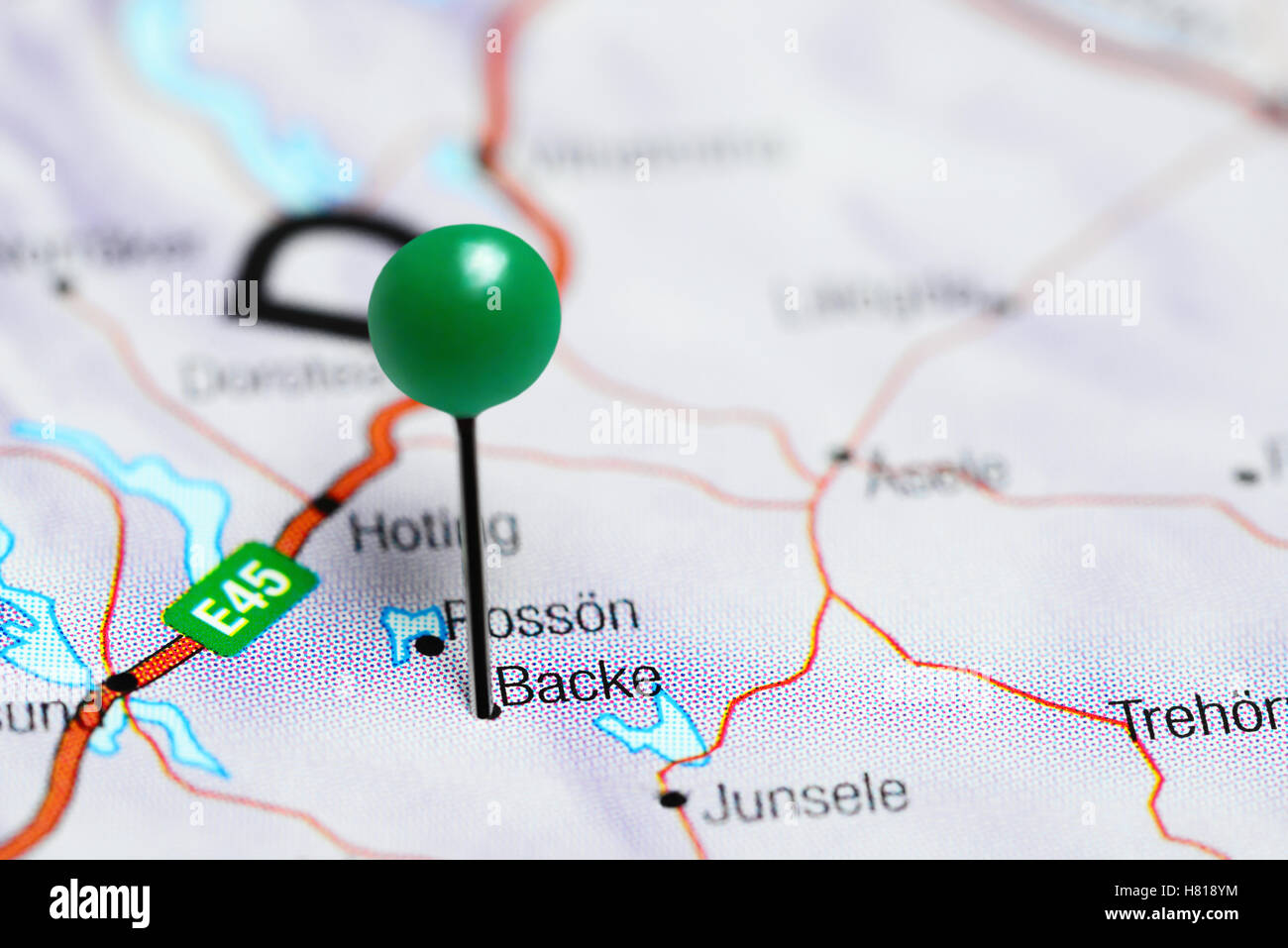 Backe pinned on a map of Sweden Stock Photo