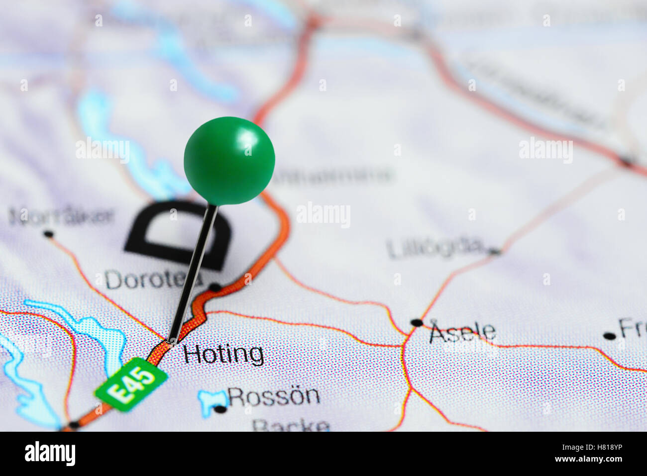 Hoting pinned on a map of Sweden Stock Photo