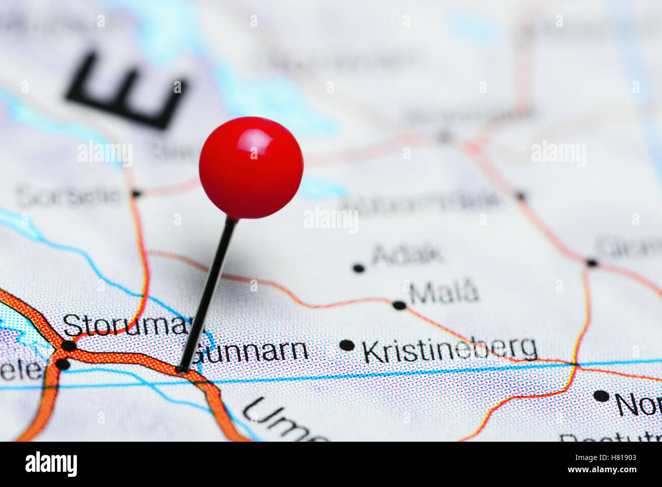 Gunnarn pinned on a map of Sweden Stock Photo