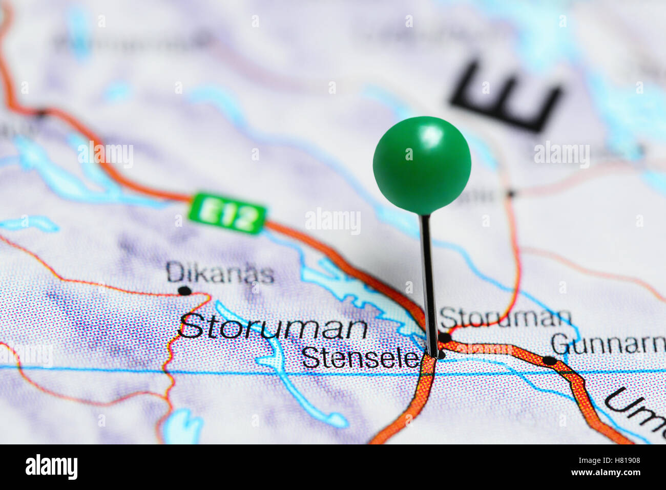 Stensele pinned on a map of Sweden Stock Photo