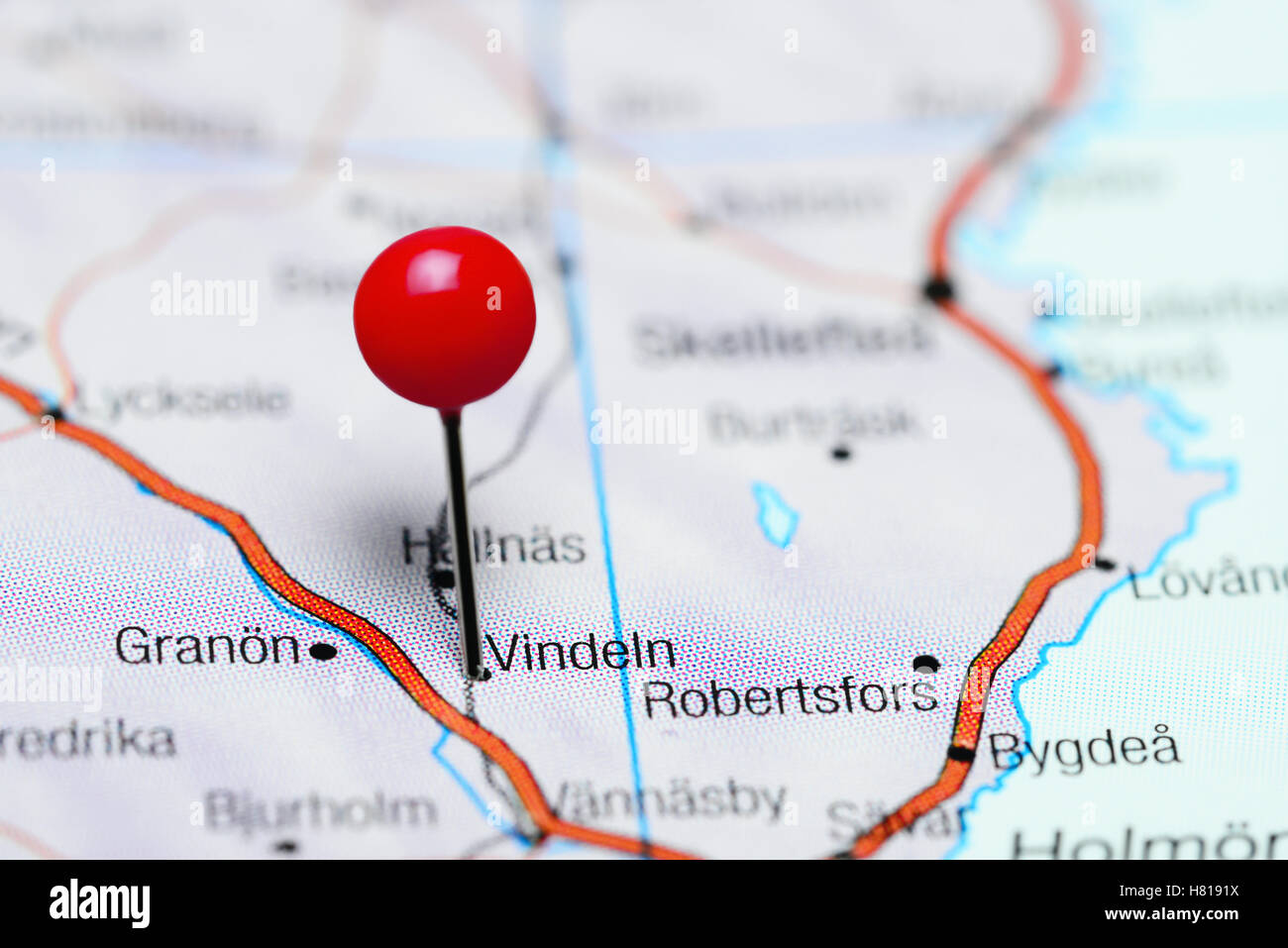 Vindeln pinned on a map of Sweden Stock Photo