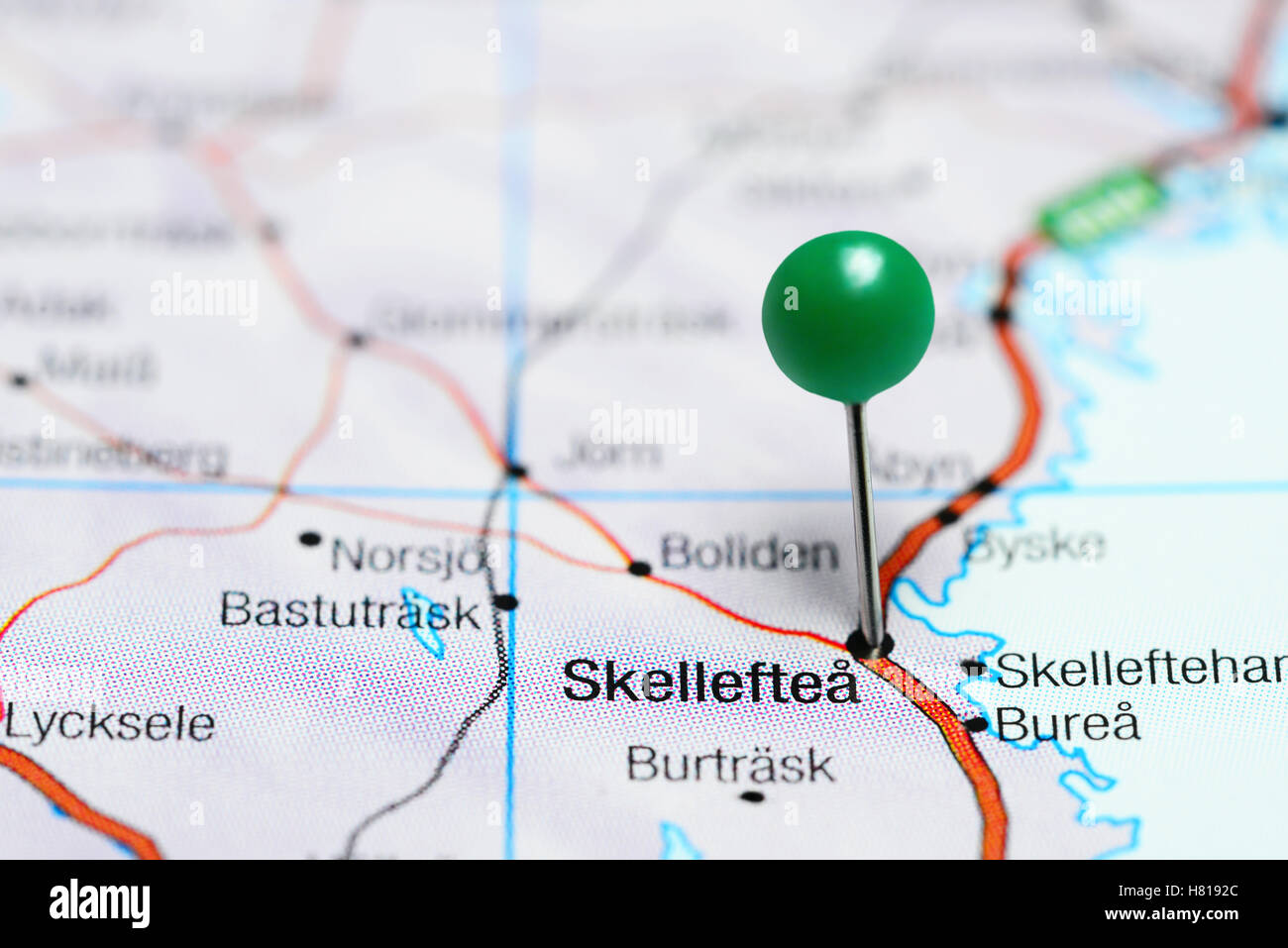 Skelleftea pinned on a map of Sweden Stock Photo