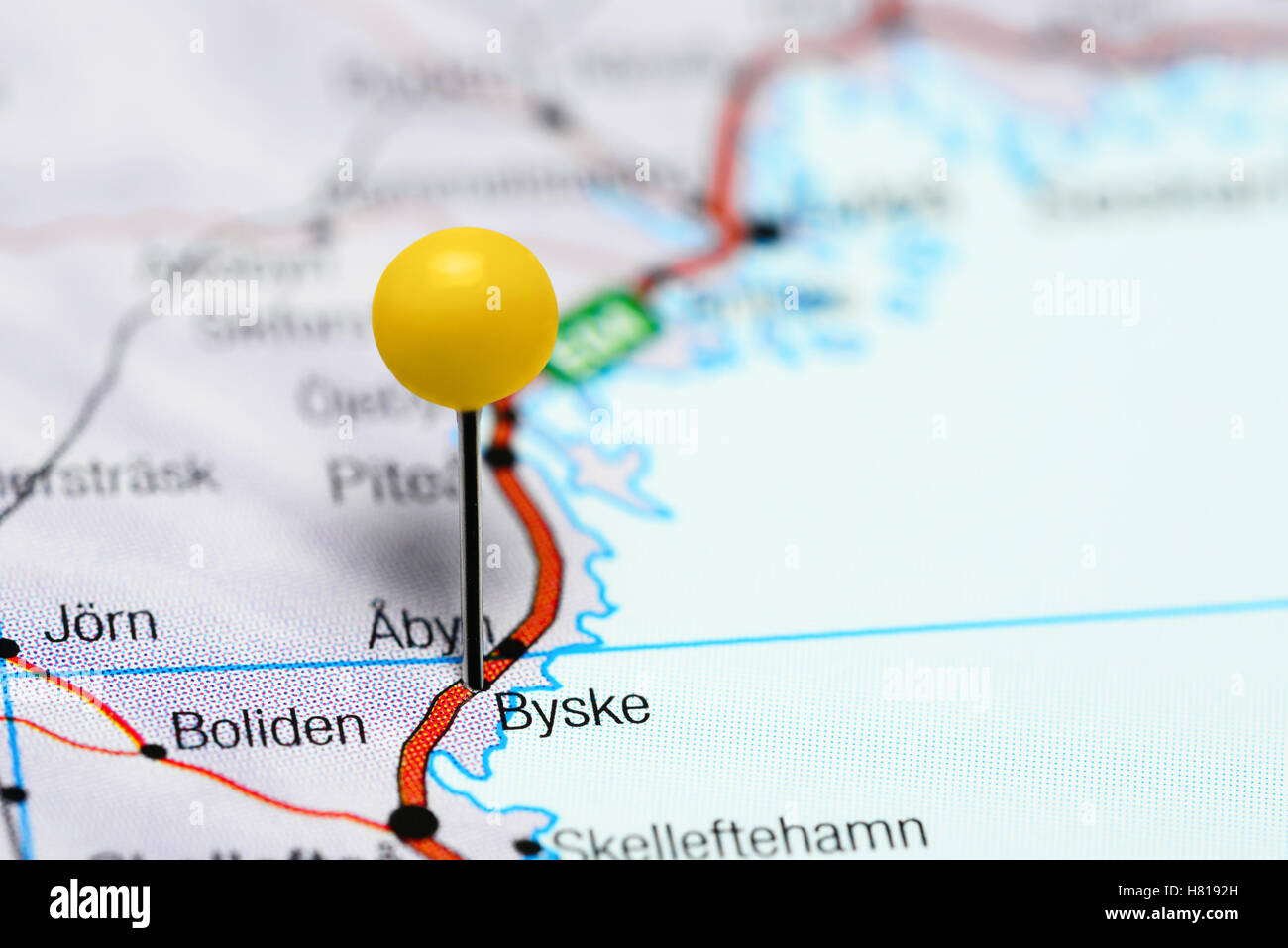 Byske pinned on a map of Sweden Stock Photo