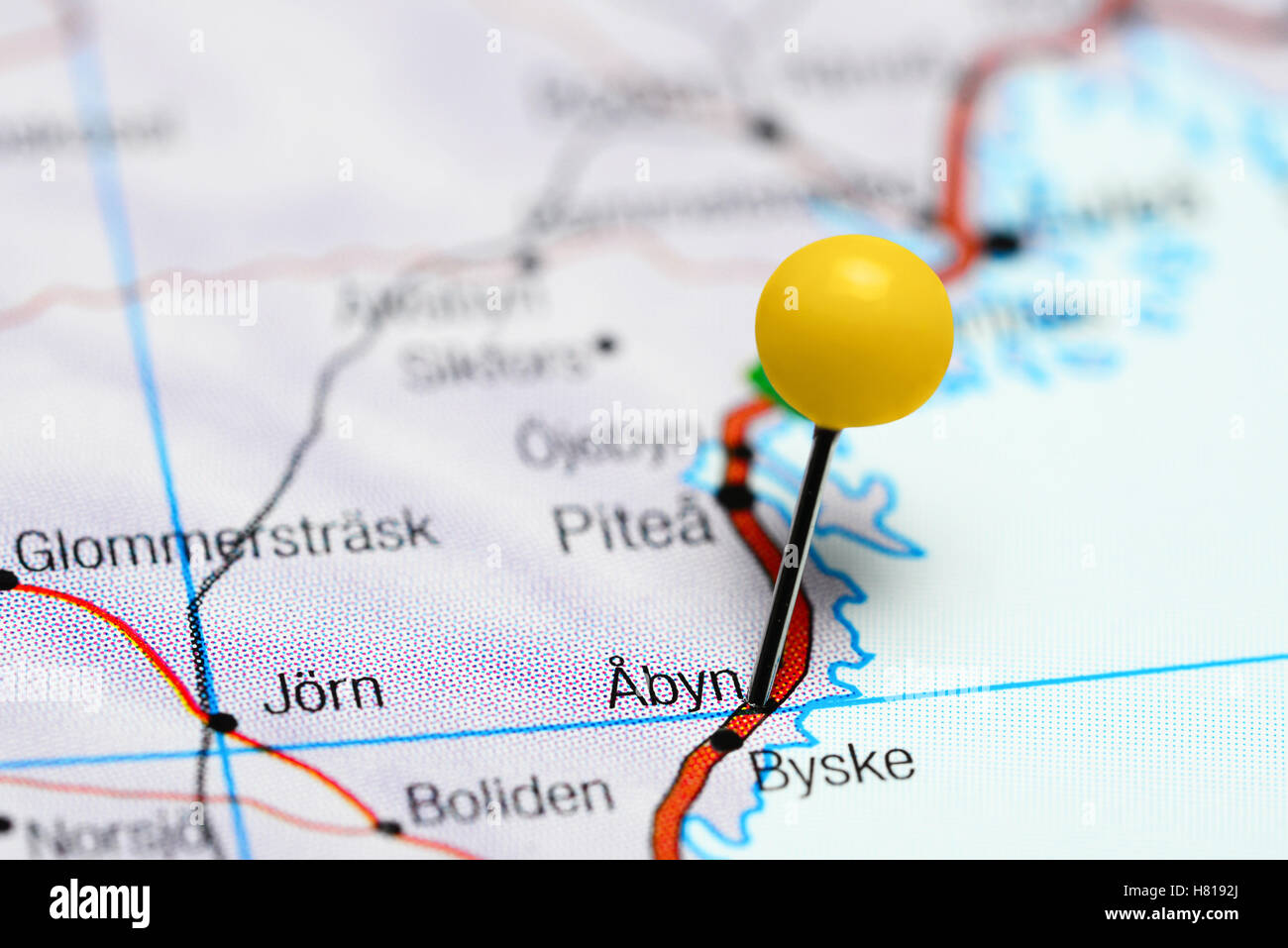 Abyn pinned on a map of Sweden Stock Photo