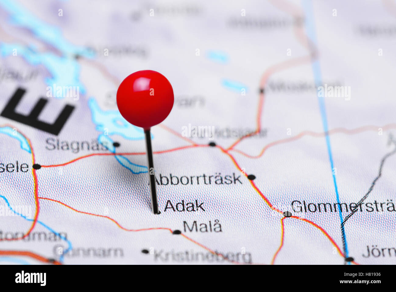Adak pinned on a map of Sweden Stock Photo