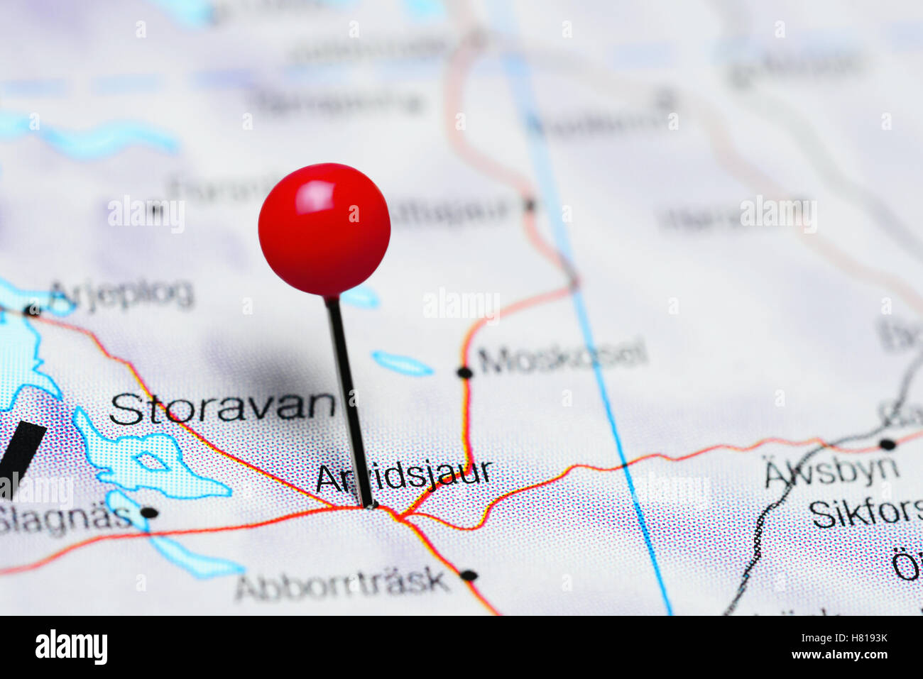 Arvidsjaur pinned on a map of Sweden Stock Photo