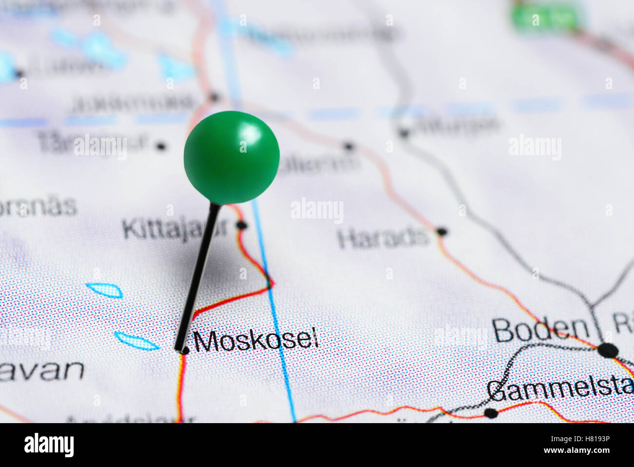 Moskosel pinned on a map of Sweden Stock Photo