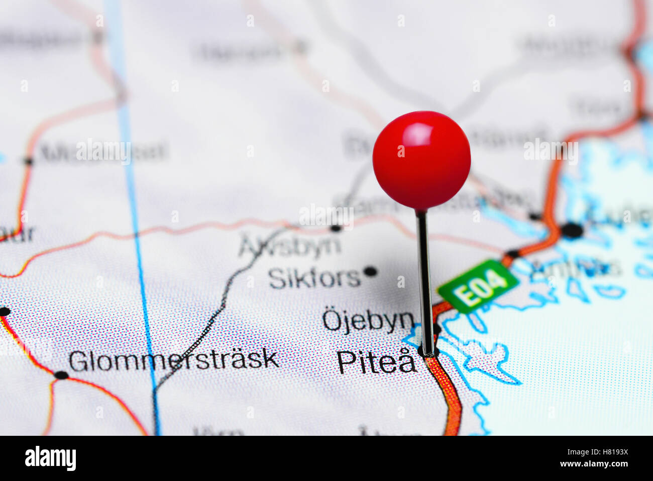 Pitea pinned on a map of Sweden Stock Photo
