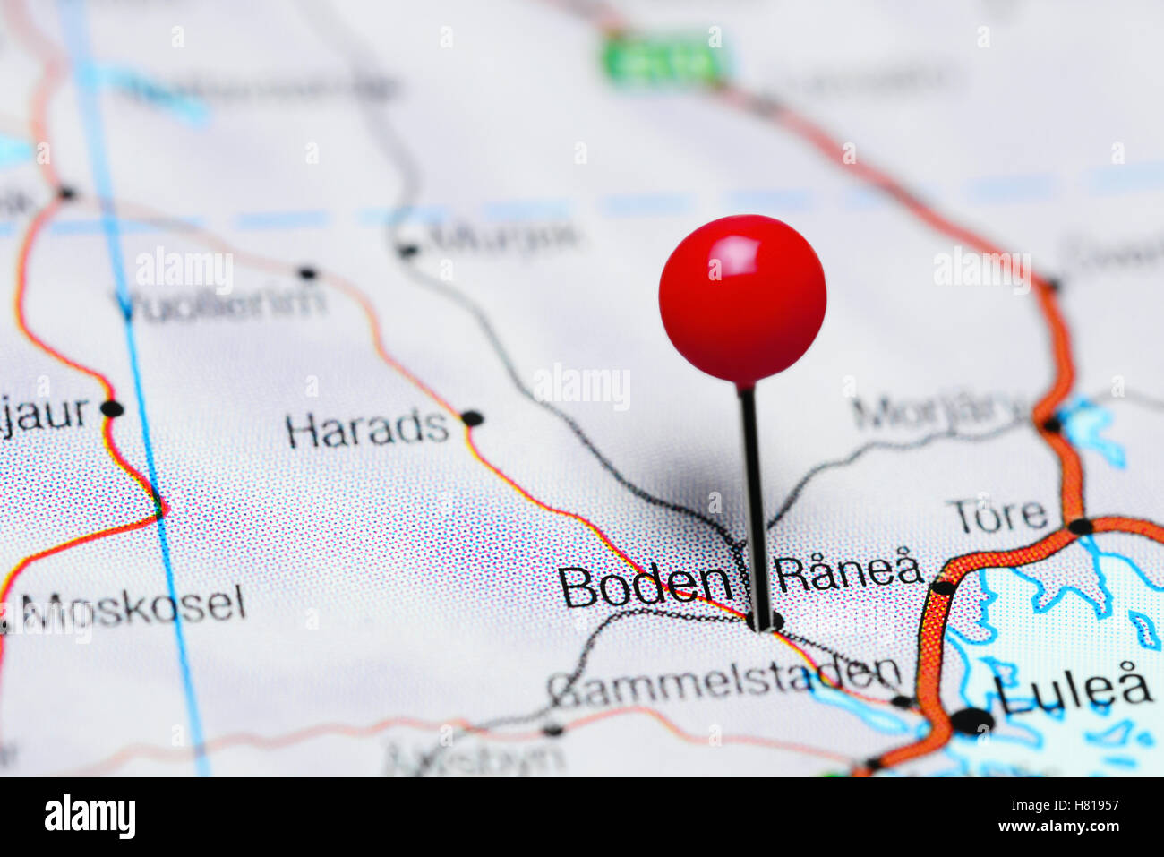 Boden pinned on a map of Sweden Stock Photo