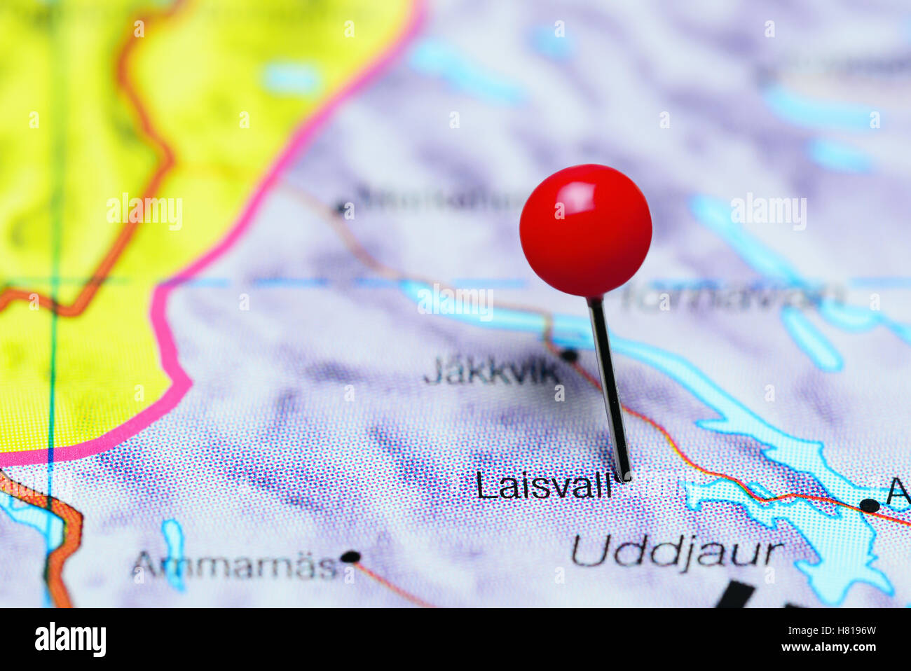Laisvall pinned on a map of Sweden Stock Photo