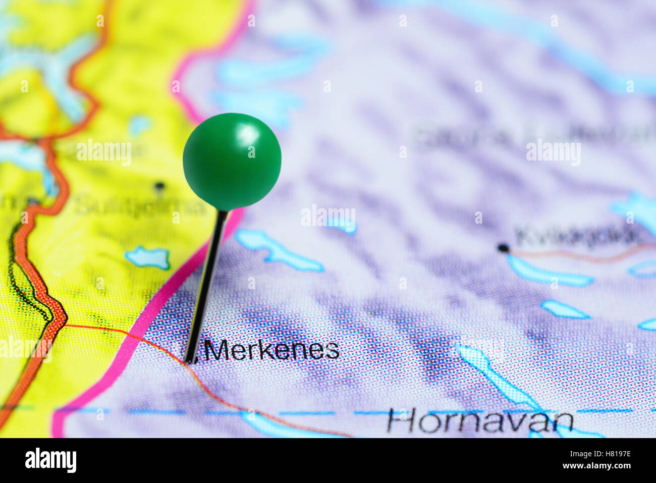 Merkenes pinned on a map of Sweden Stock Photo