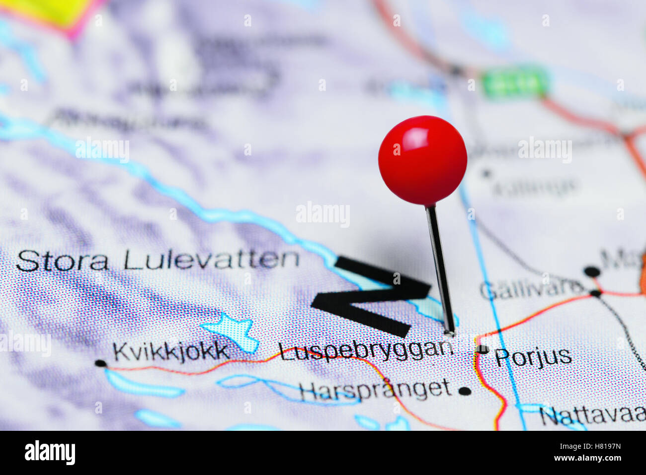 Luspebryggan pinned on a map of Sweden Stock Photo