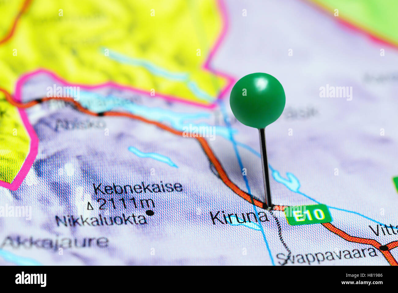 Kiruna pinned on a map of Sweden Stock Photo