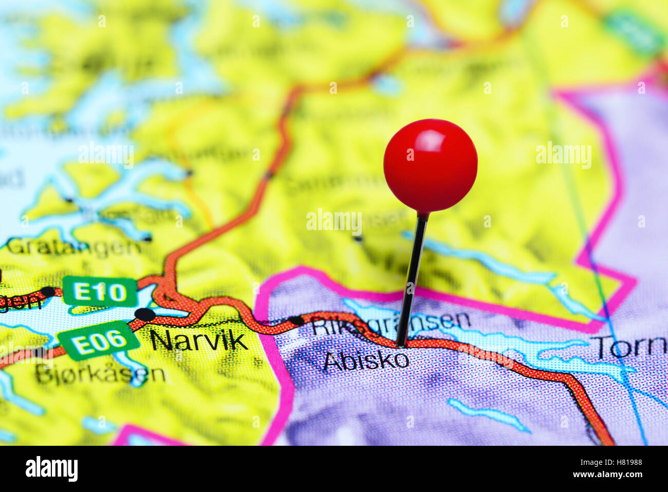 Abisko pinned on a map of Sweden Stock Photo