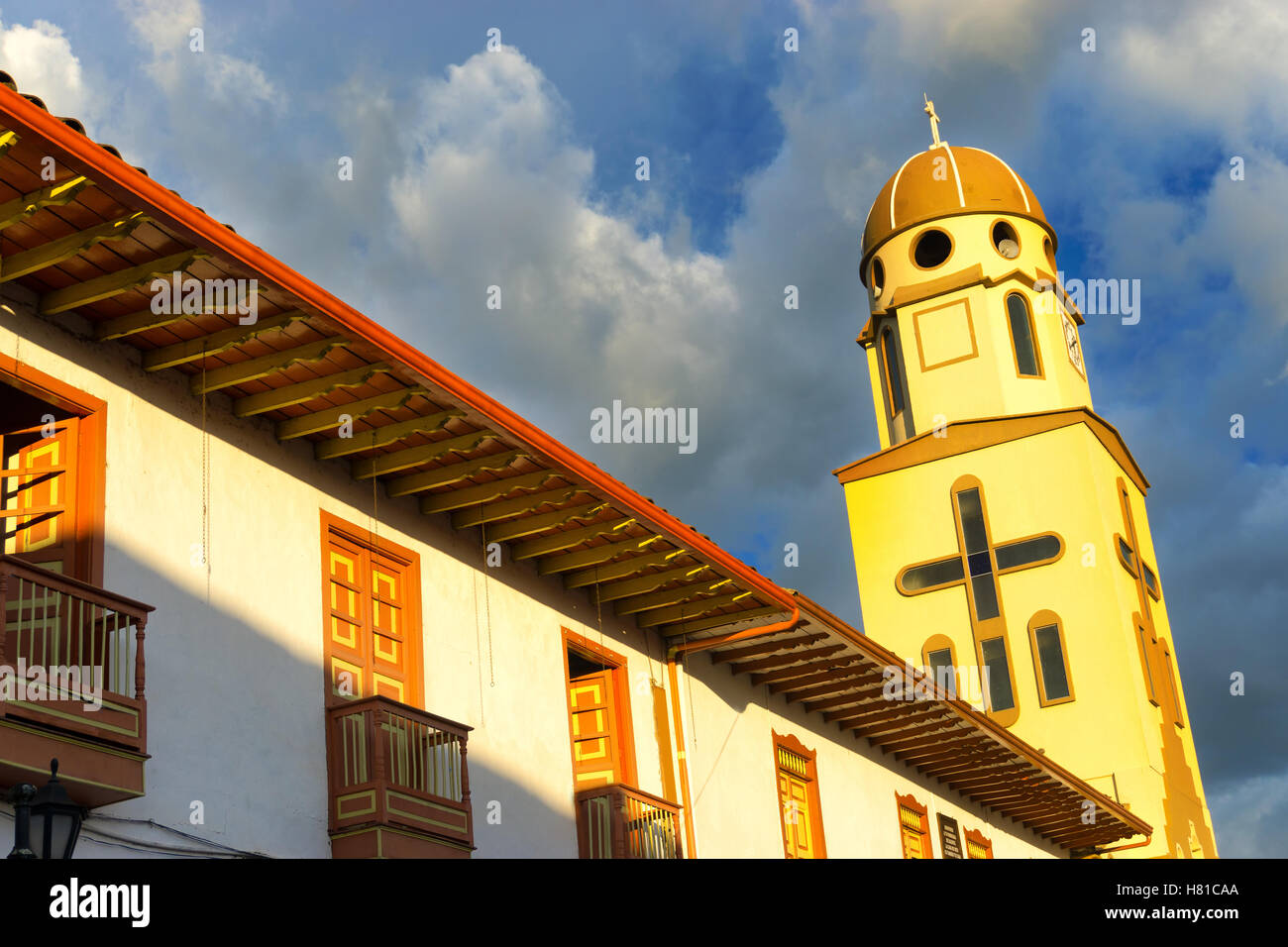 Late afternoon view of the spire of the church in Salento, Colombia Stock Photo