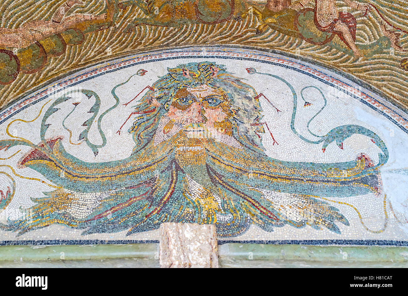 The mosaic with the head of Oceanus, the ancient god of the all waters source, Bardo National Museum, Tunis Stock Photo