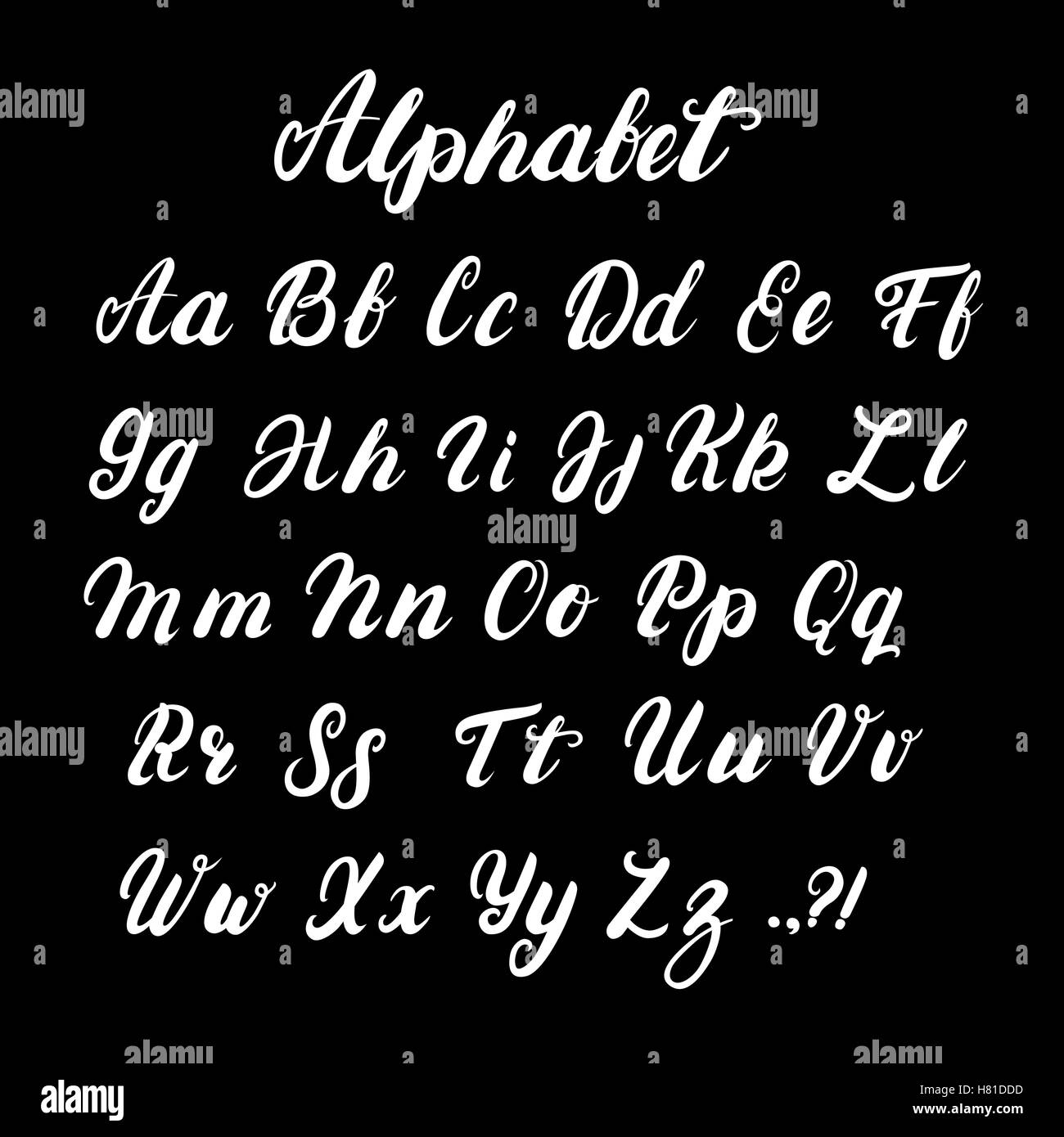 Hand written lowercase and uppercase calligraphy alphabet. Modern brushed lettering. White letters isolated on black background. Stock Vector
