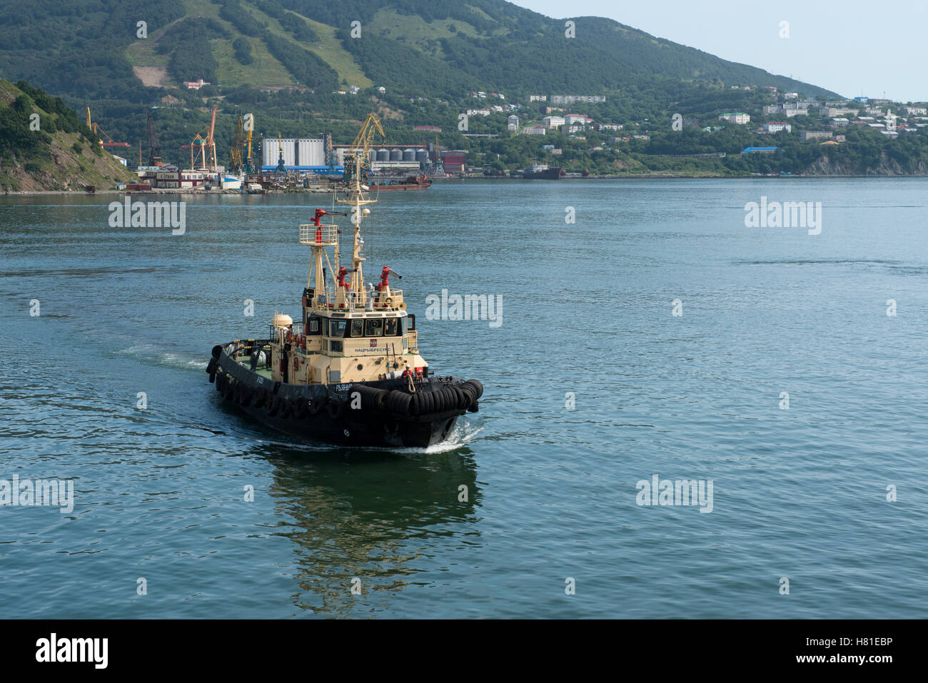 Russia, Kamchatka Krai, Petropavlovsk Kamchatsky (Peter and Paul). Tugboat in Avancha Bay. Stock Photo