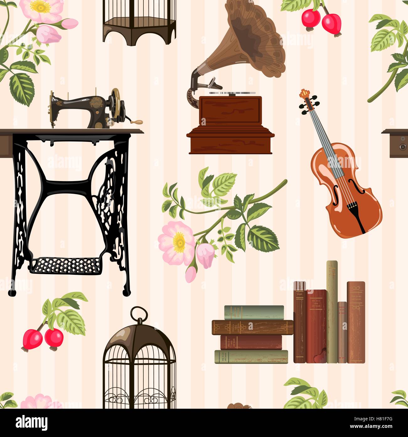 Seamless pattern with cosy vintage objects. Old sewing machine, violin, books, birdcage, gramophone, wild rose on striped backgr Stock Vector