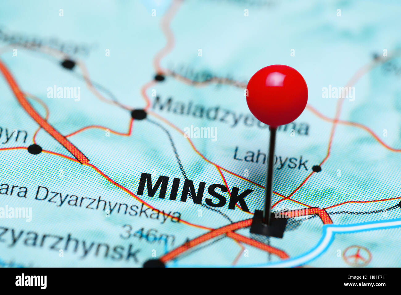 Minsk pinned on a map of Belarus Stock Photo