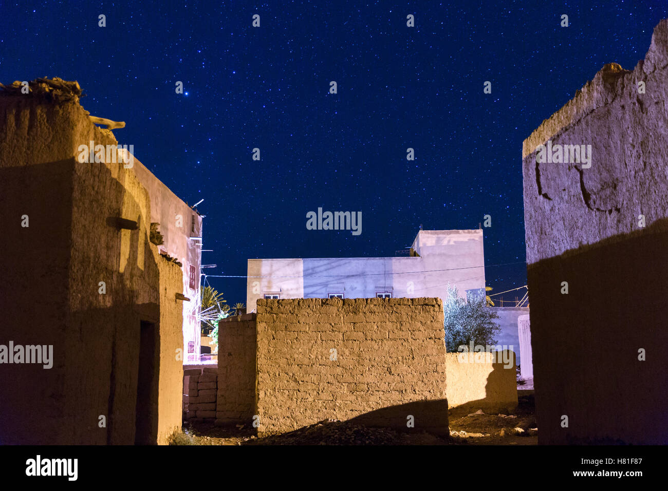 Morocco,Tinejdad,Todra Valley,Ksar El Khorbat,a Ksar is a village surrounded by walls, made of soil,night time with starry sky Stock Photo
