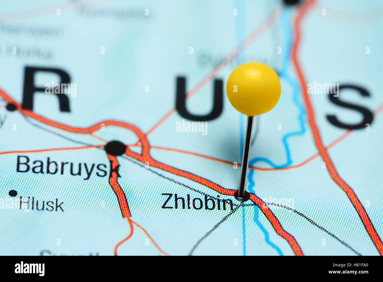 Zhlobin pinned on a map of Belarus Stock Photo