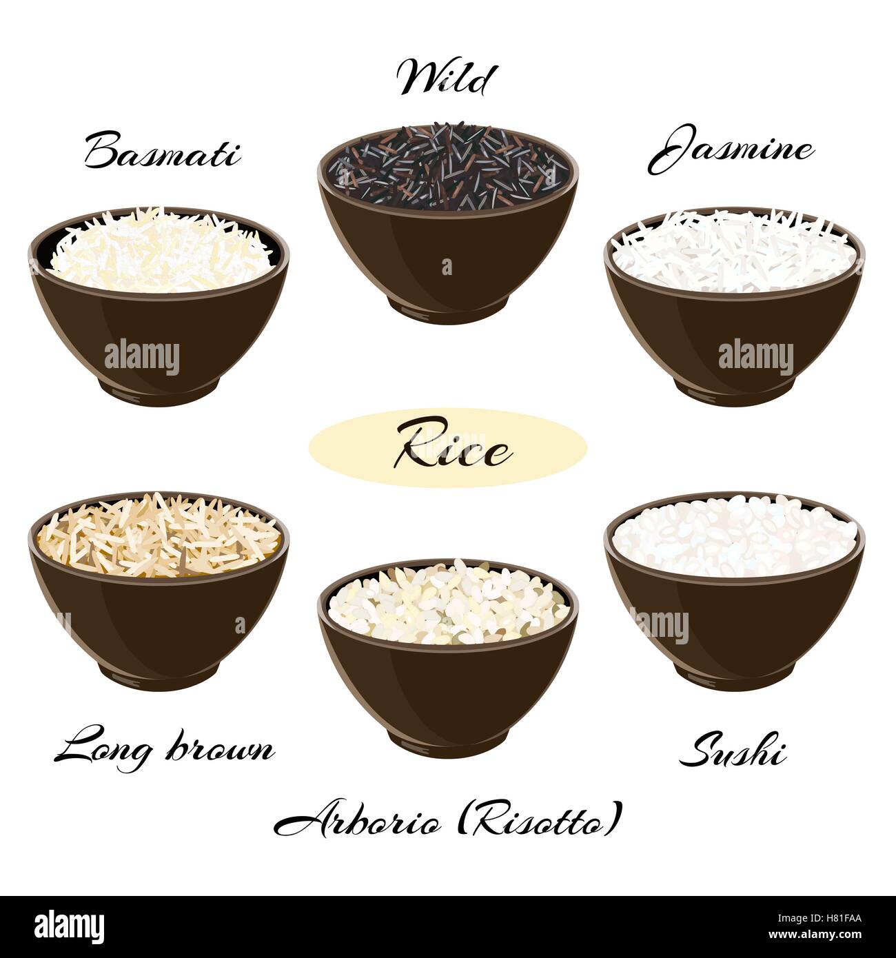 Different types of rice Basmati, wild, jasmine, long brown, arborio, sushi in ceramic bowls Vector illustration EPS 10. Stock Vector