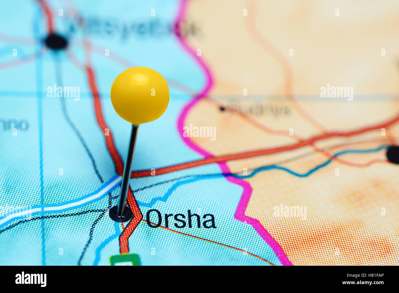 Orsha pinned on a map of Belarus Stock Photo