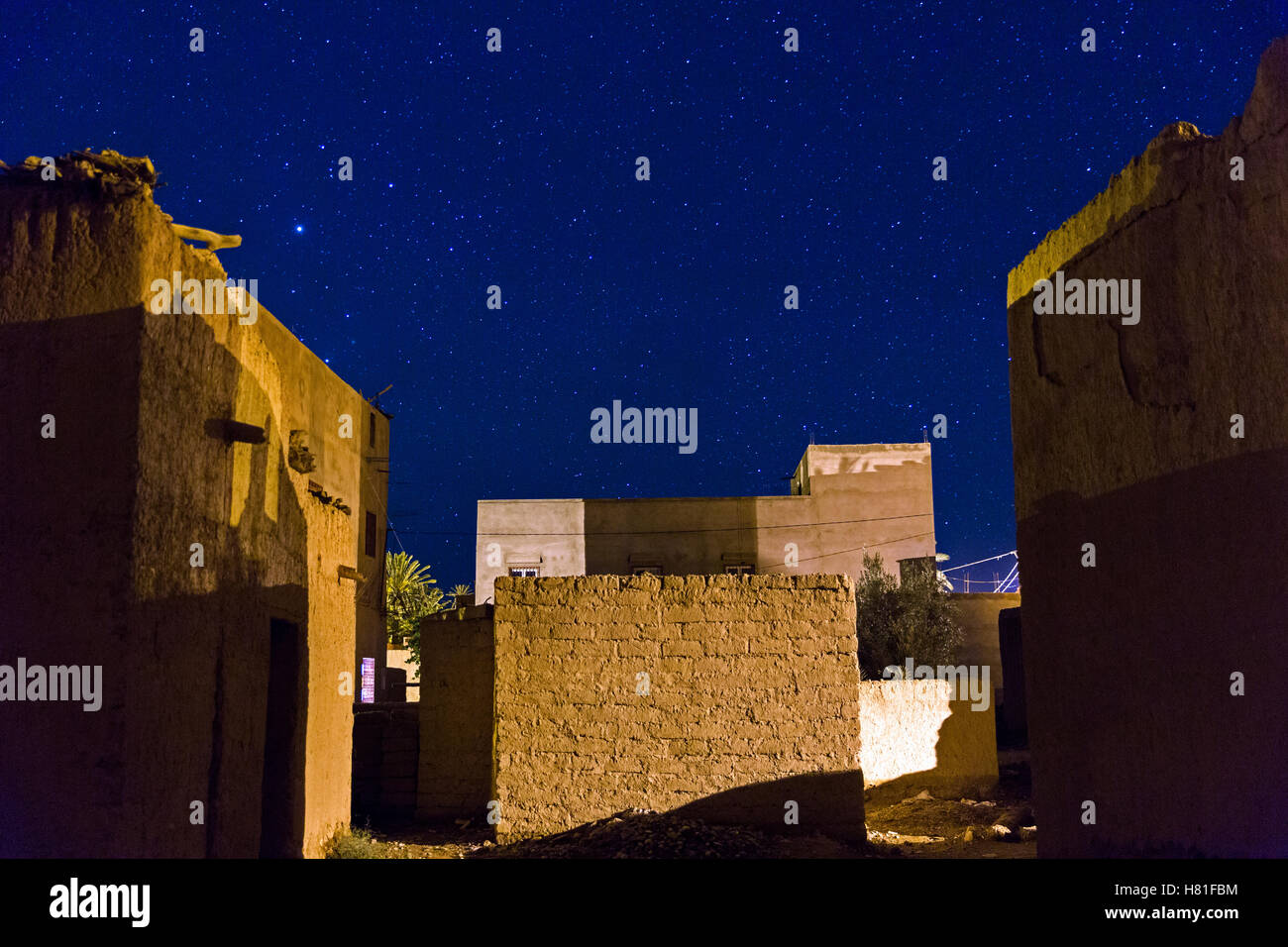 Morocco,Tinejdad,Todra Valley,Ksar El Khorbat, starry night, a Ksar is a village surrounded by walls, made of soil, Stock Photo