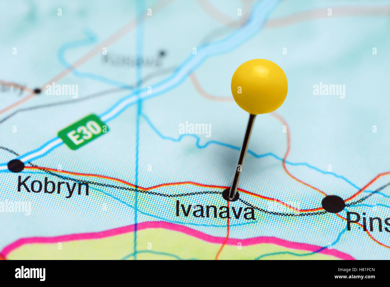 Ivanava pinned on a map of Belarus Stock Photo