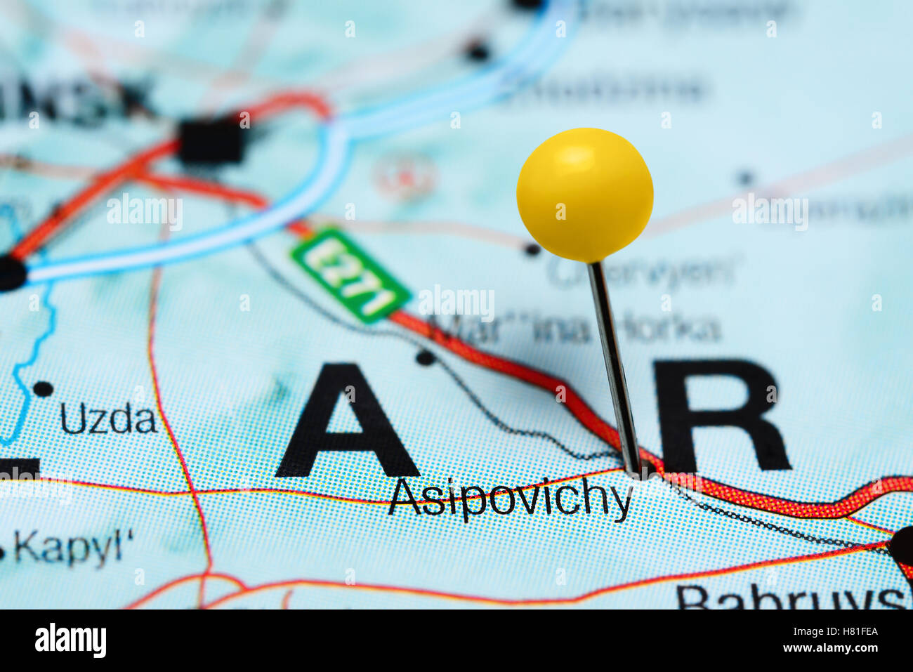 Asipovichy pinned on a map of Belarus Stock Photo