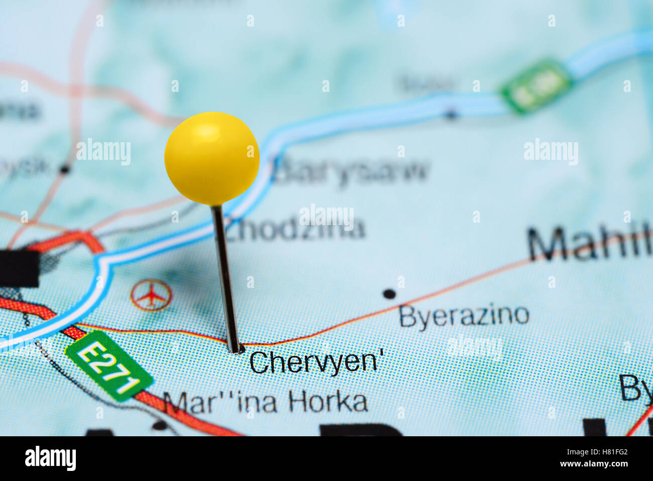 Chervyen pinned on a map of Belarus Stock Photo