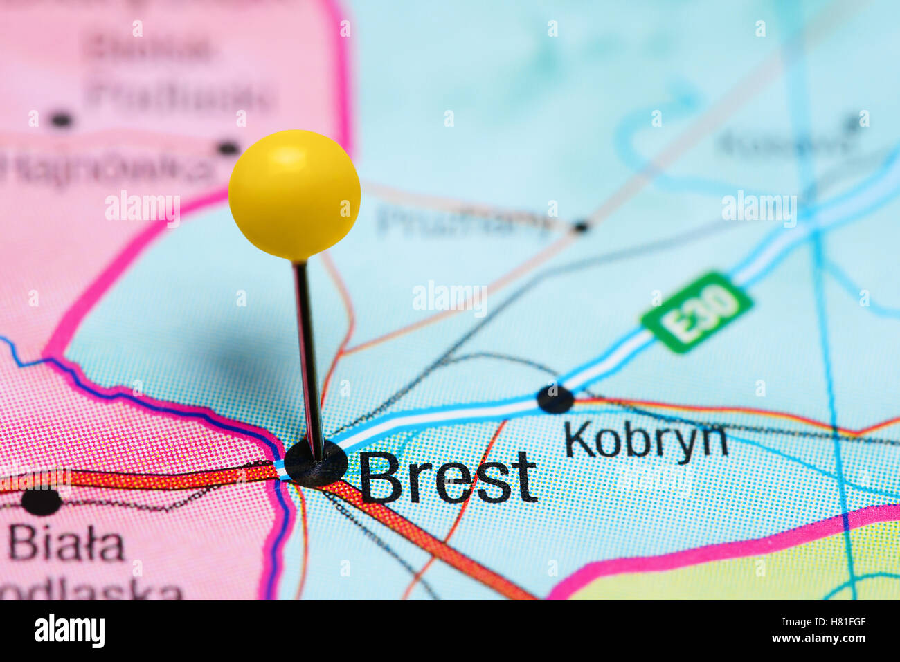 Brest pinned on a map of Belarus Stock Photo