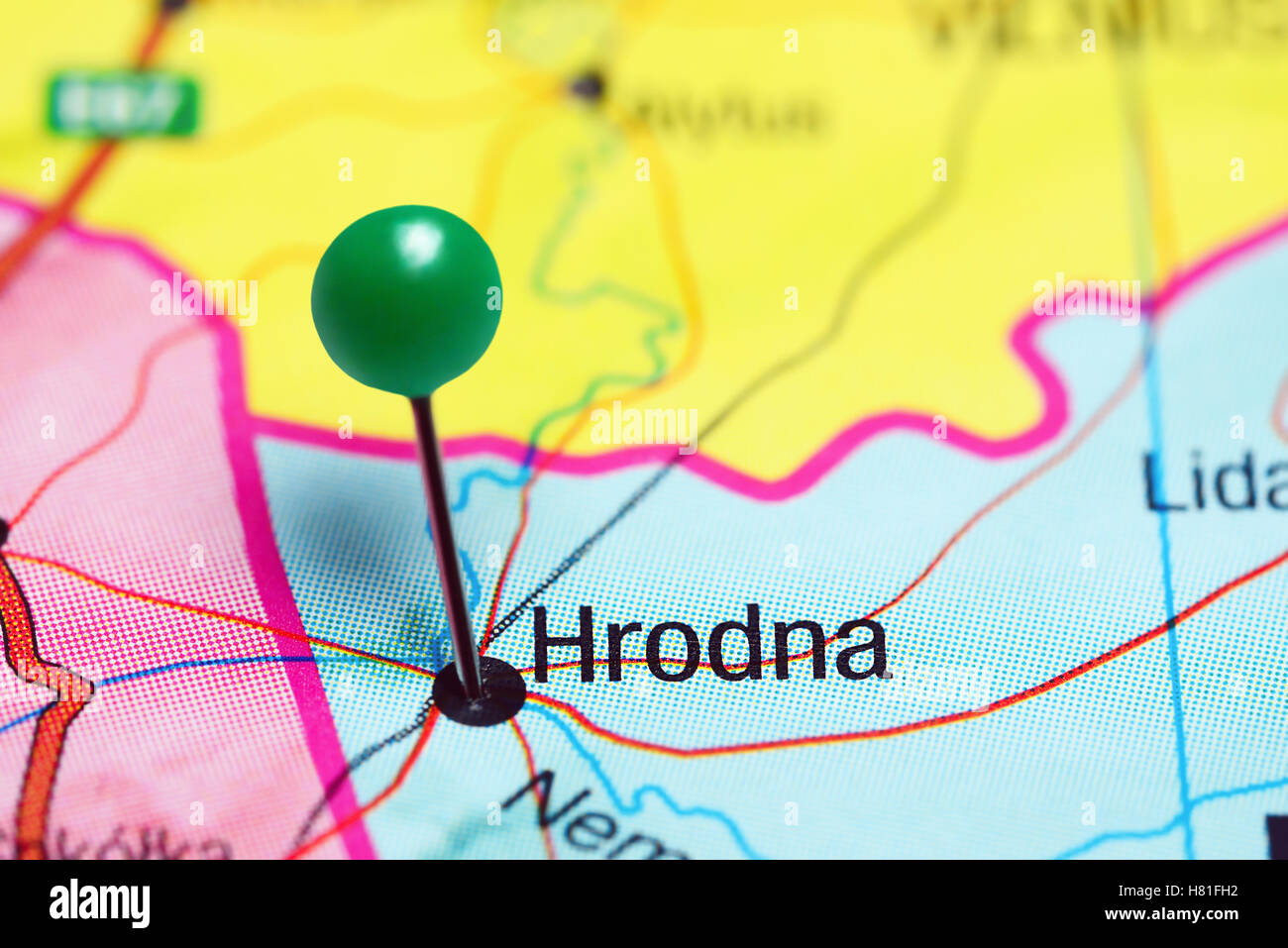 Hrodna pinned on a map of Belarus Stock Photo