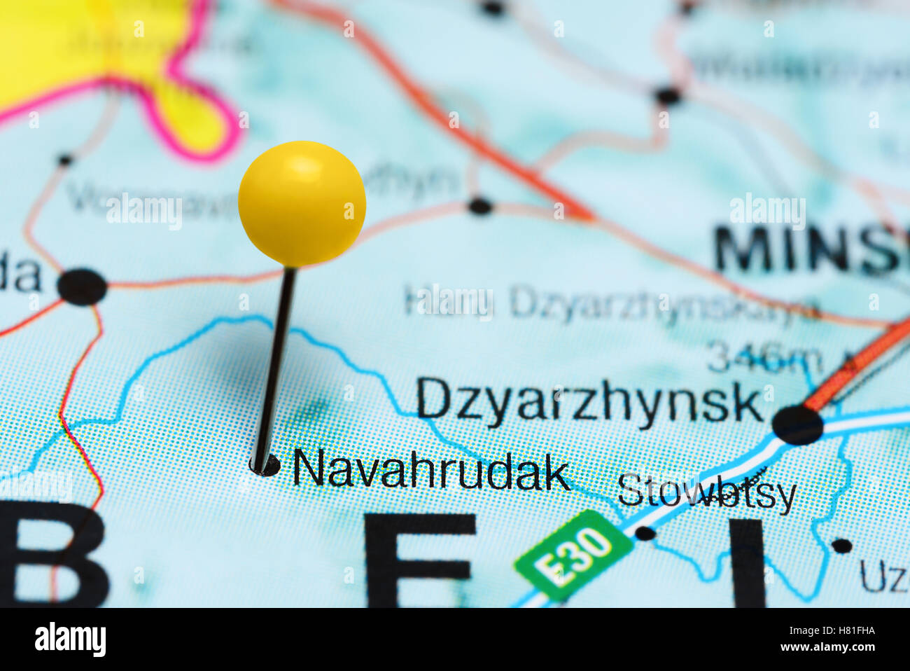 Navahrudak pinned on a map of Belarus Stock Photo