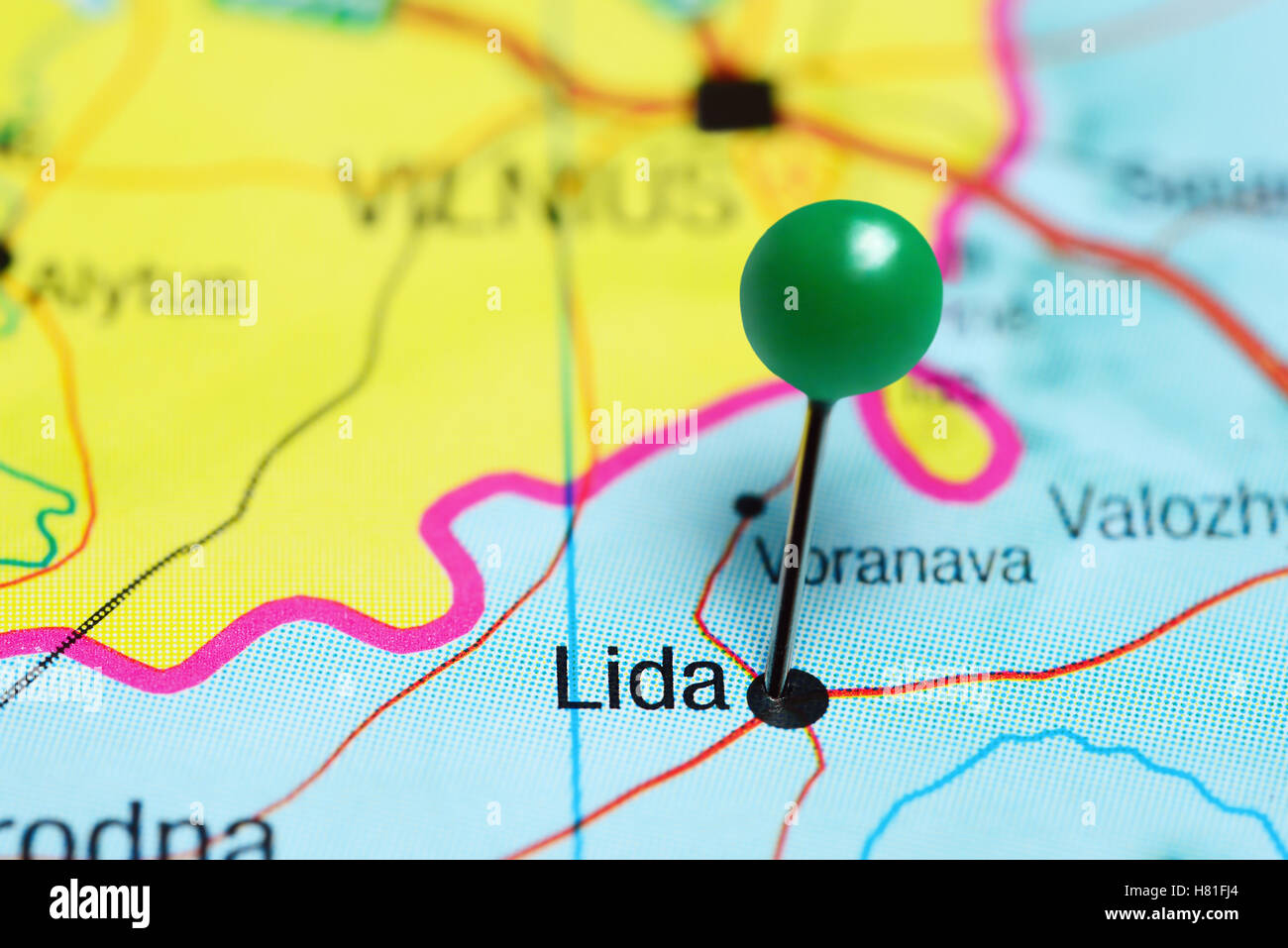 Lida pinned on a map of Belarus Stock Photo