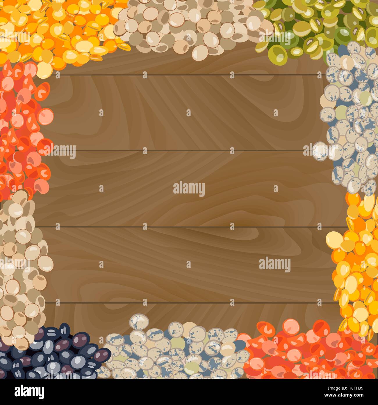 Various types of lentils on wooden background. Yellow, brown, green, red, french green, black lentils. Vector illustration. Stock Vector