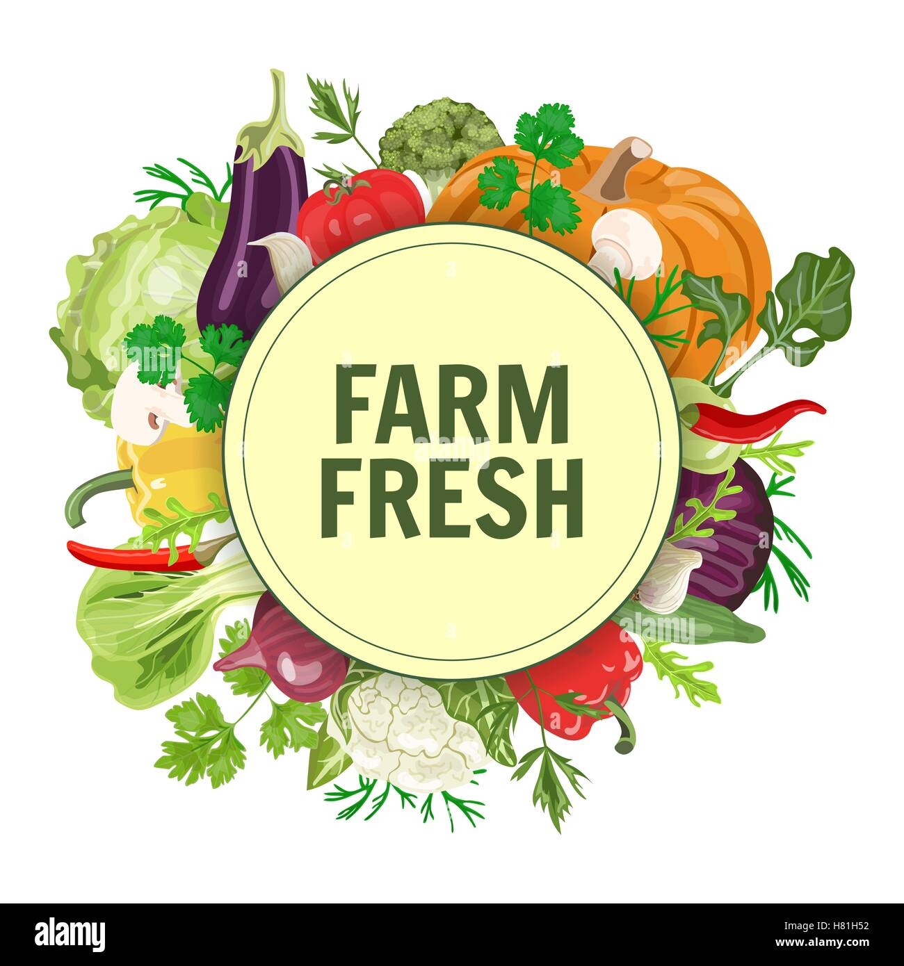 Vector circle label or banner with fresh vegetables. Concept for vegan, organic, farm produsts. Stock Vector