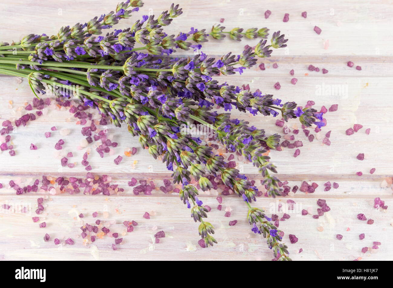 Lavender flower branches on a wooden table Stock Photo