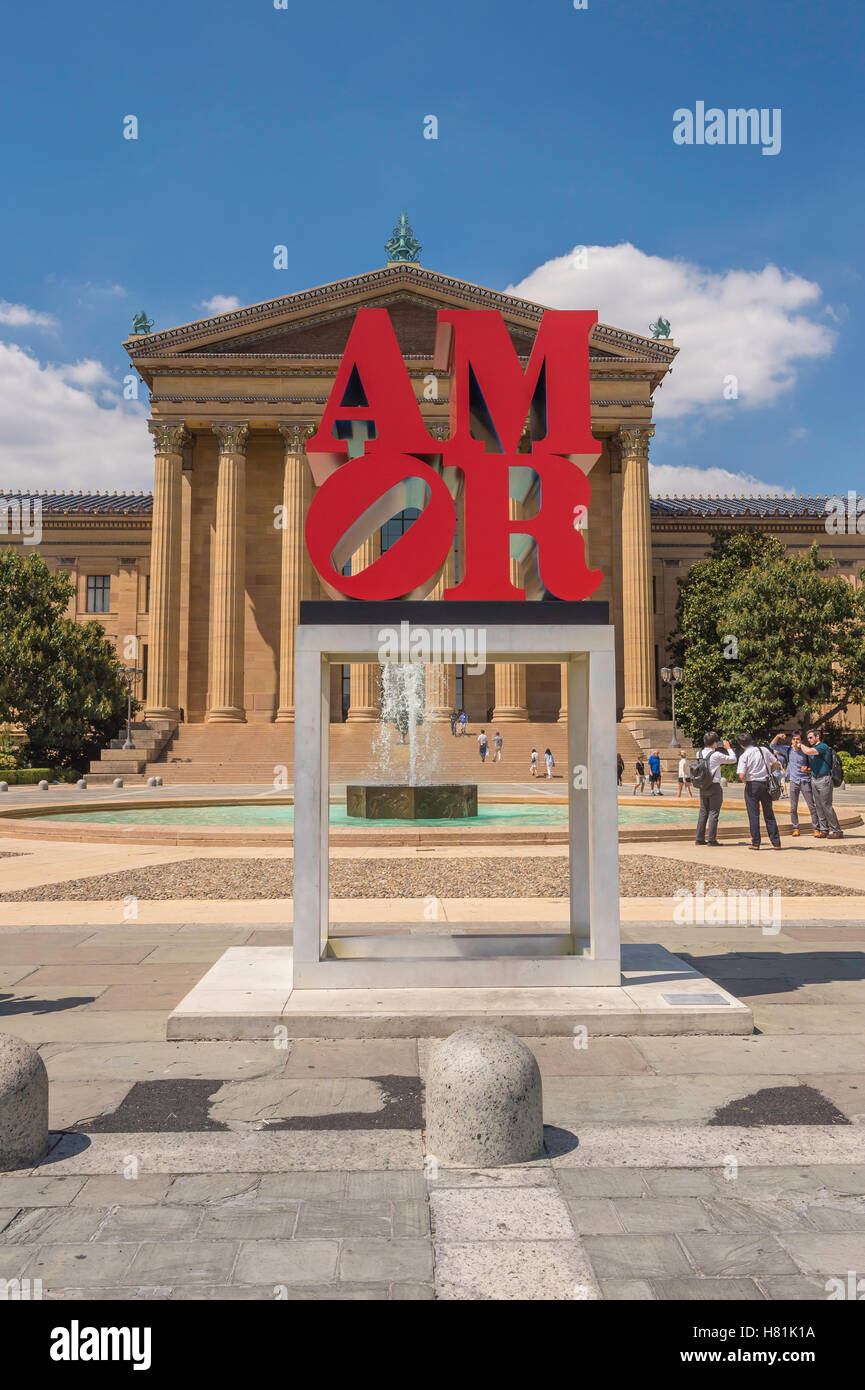 AMOR sculpture by Robert Indiana, on the steps of the Philadelphia Museum of Art, Philadelphia, Pennsylvania, USA Stock Photo
