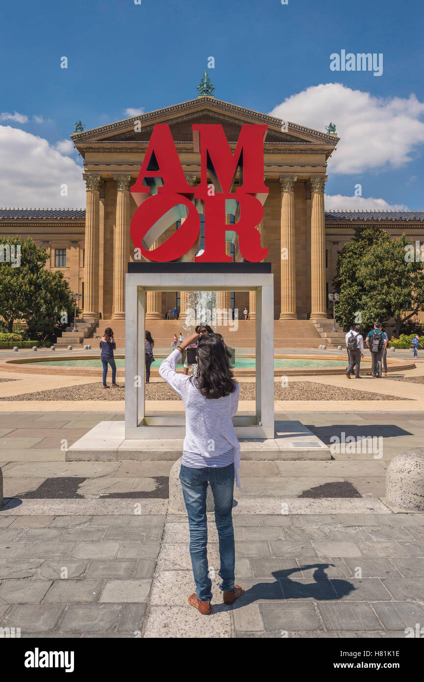 AMOR sculpture by Robert Indiana, on the steps of the Philadelphia Museum of Art, Philadelphia, Pennsylvania, USA Stock Photo
