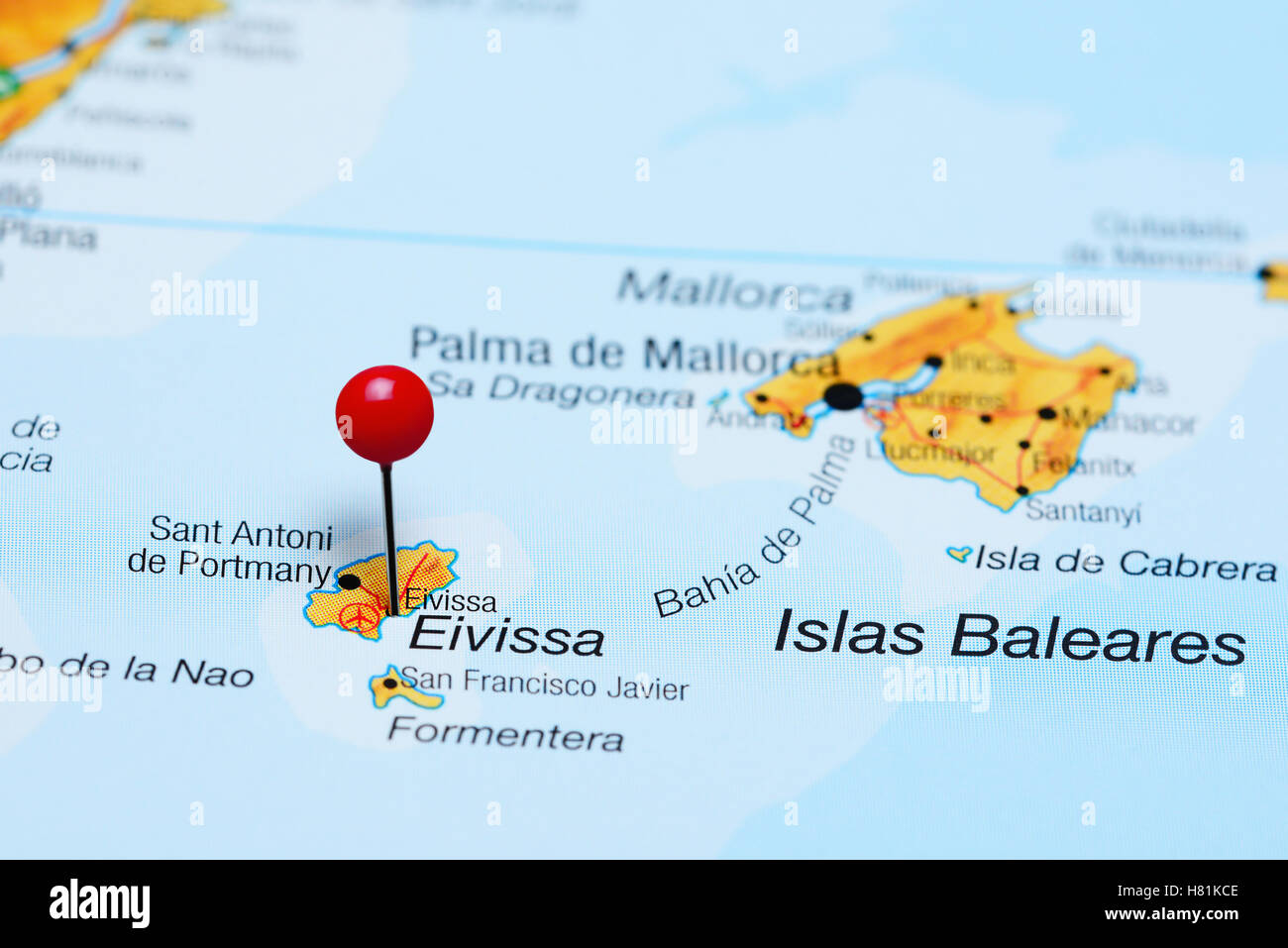 Eivissa pinned on a map of Spain Stock Photo