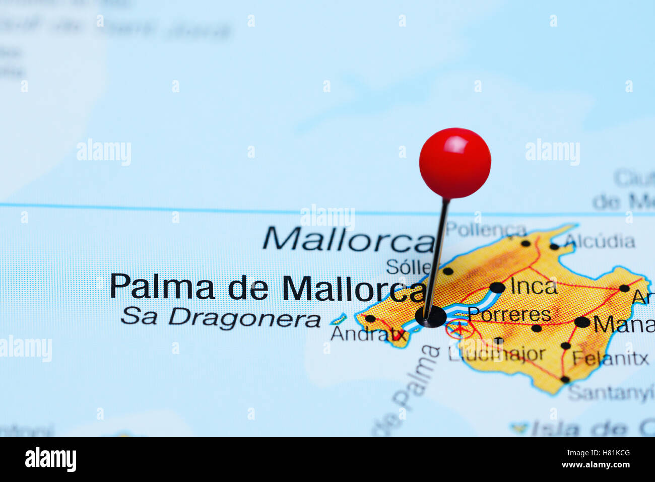 Palma de Mallorca pinned on a map of Spain Stock Photo
