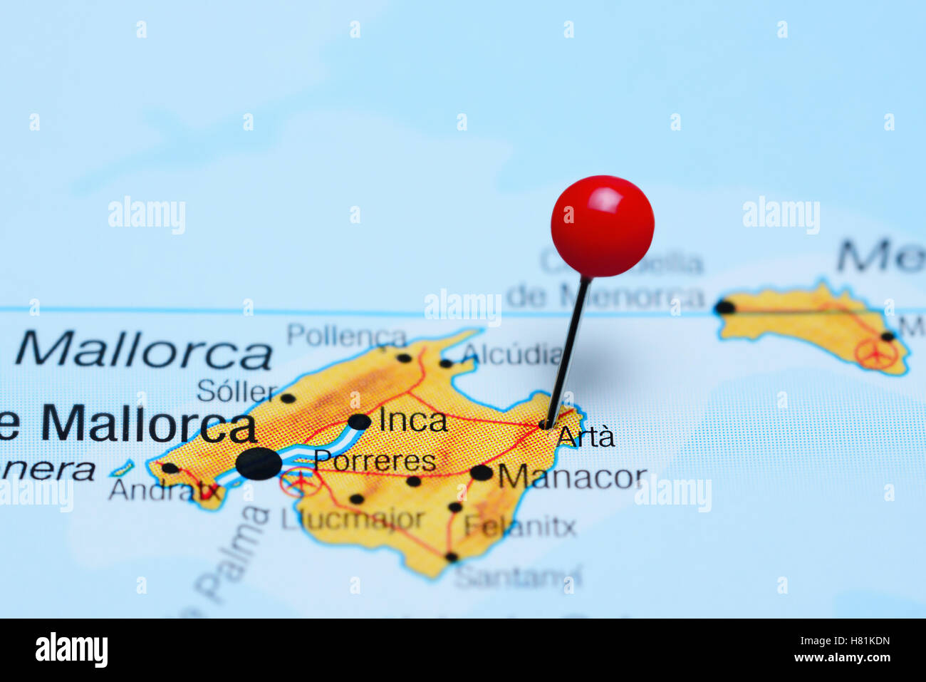 Arta pinned on a map of Spain Stock Photo