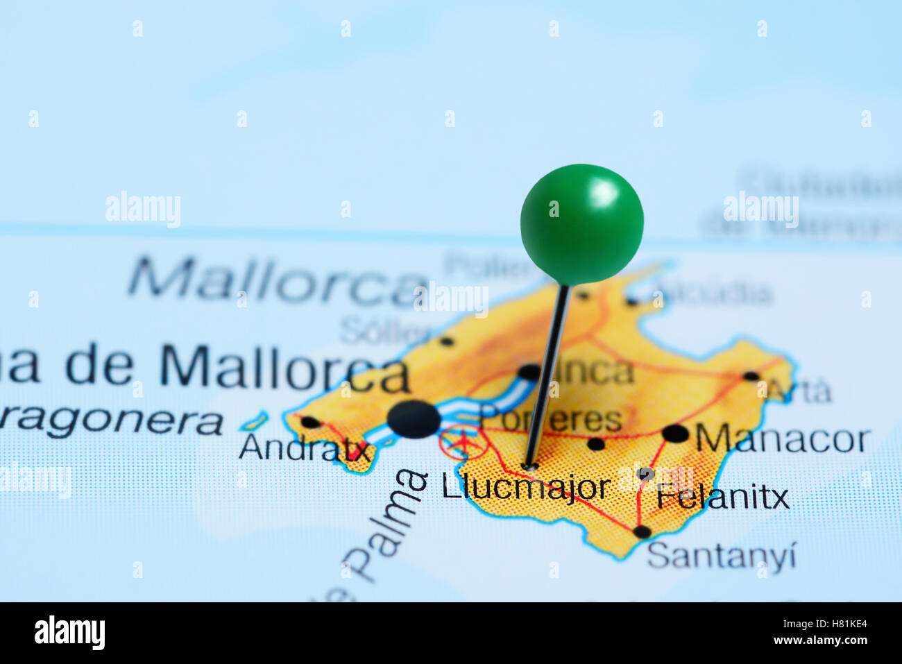 Llucmajor pinned on a map of Spain Stock Photo